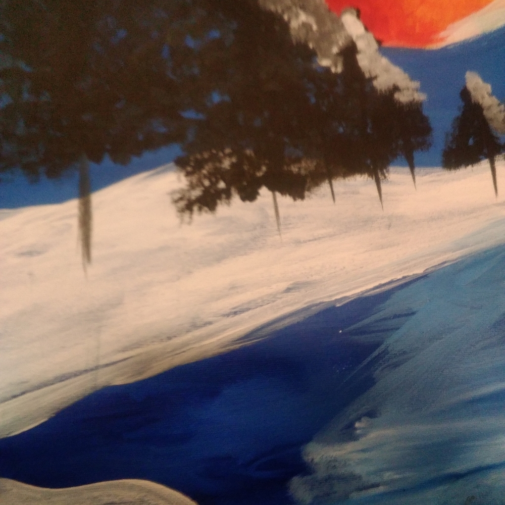 Painting of a beautiful winter day and then the moon shining above